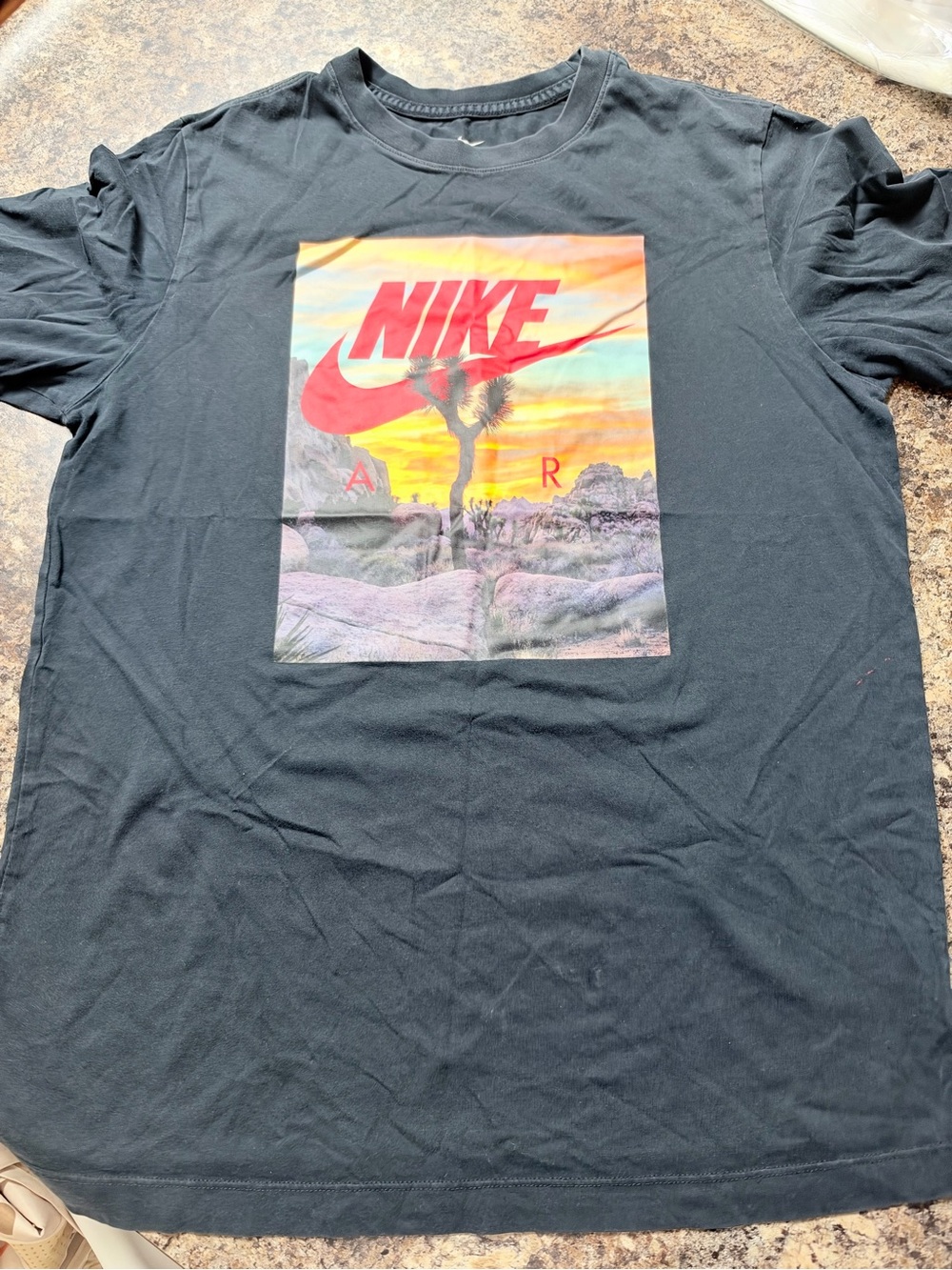 Nike Black Short Sleeve Tee with Red Logo and Sunset Print